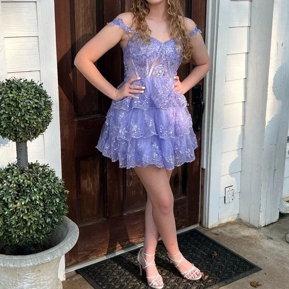 Lavender Off-Shoulder Lace Dress - Picture 1 of 6